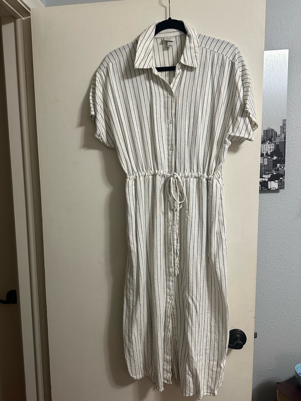 a new day Cream and Black Striped Button-Front Midi Shirt Dress